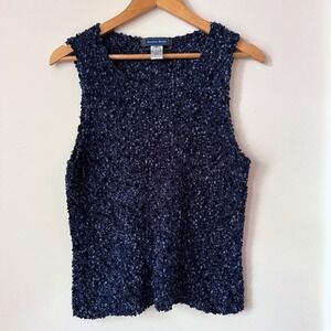 Y2K Vintage Blue Chenille Top Womens M Fitted Tank Top Fuzzy Silk Stretchy Retro